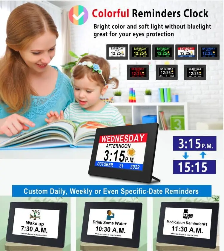 Véfaîî Digital Dementia Clock 7" Large Display Auto Dimmer 19 Alarms for Seniors - view 4