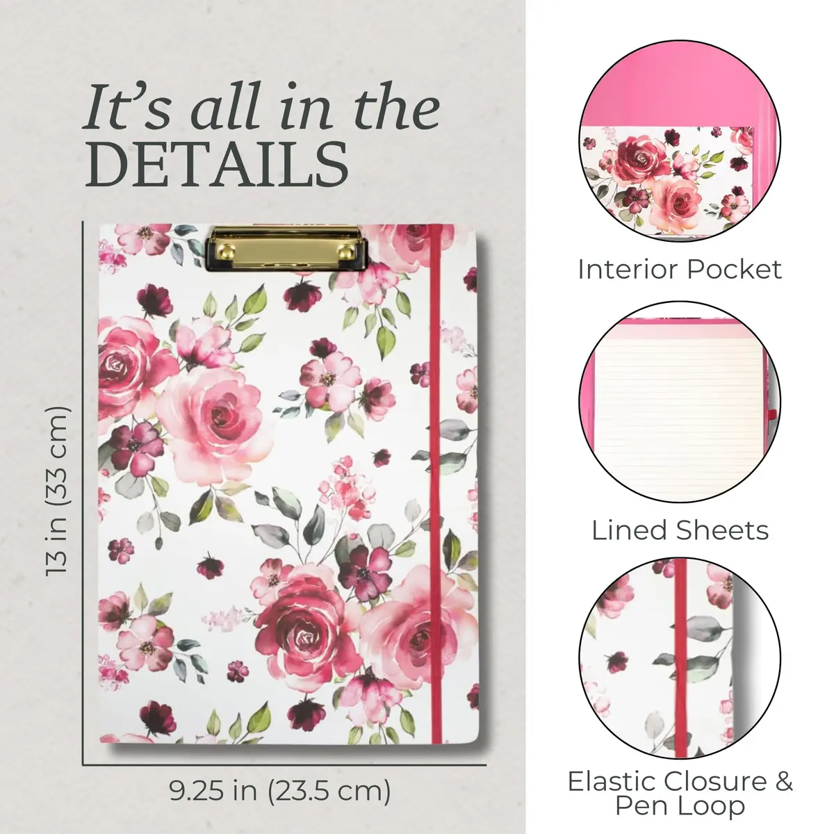 Steel Mill & Co. Clipboard Folio with Notepad, Rose Floral | Refillable, Trendy & Compact Organizer - view 8
