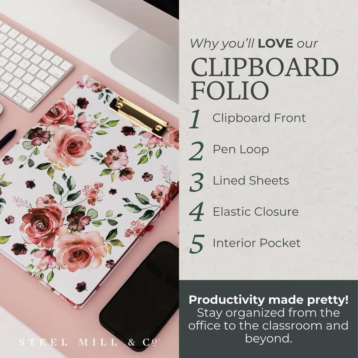 Steel Mill & Co. Clipboard Folio with Notepad, Rose Floral | Refillable, Trendy & Compact Organizer - view 9