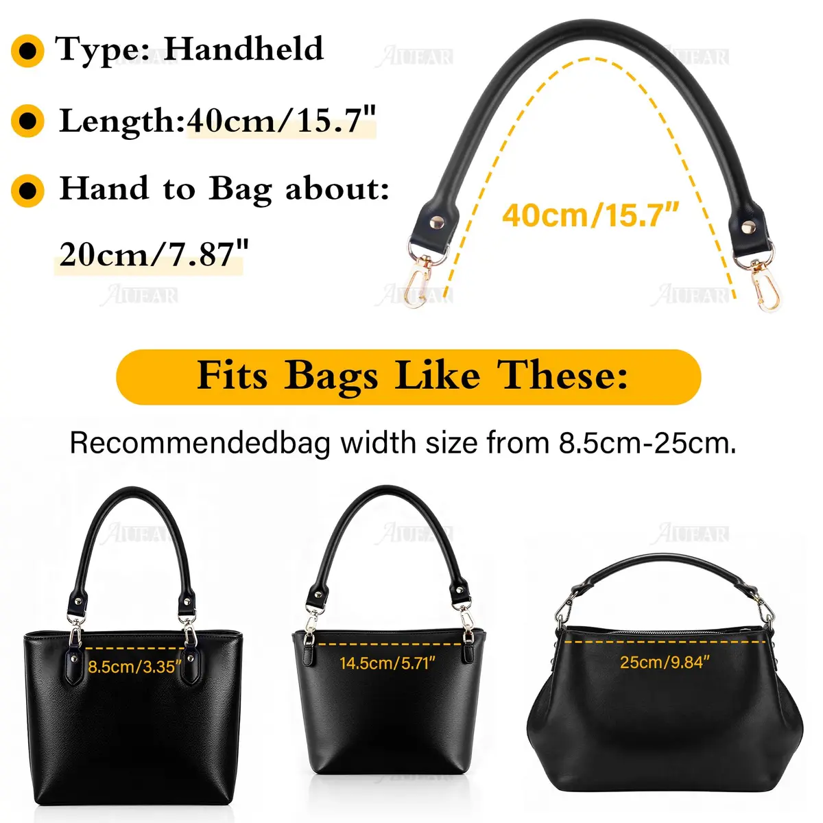 AUEAR Black Leather Purse Straps with Gold Buckles for Small Bags, 40cm (15.7 Inches) | 2-Pack Replacement Handles - view 3