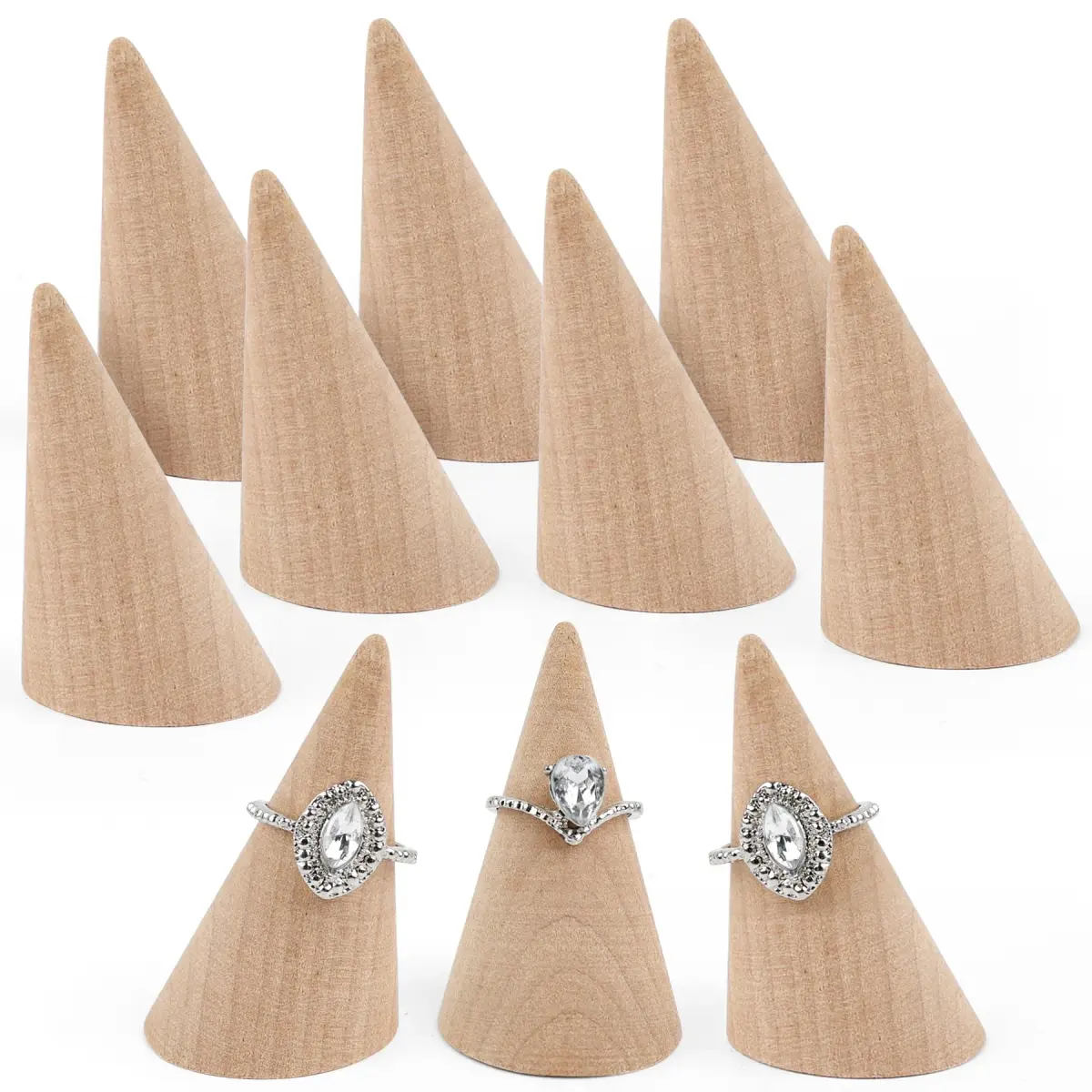 AUEAR Natural Wood Cone Ring Display Stand, 2.8cm (1.1") x 5.1cm (2") | 10-Pack Organizer for Jewelry Counters - main product image