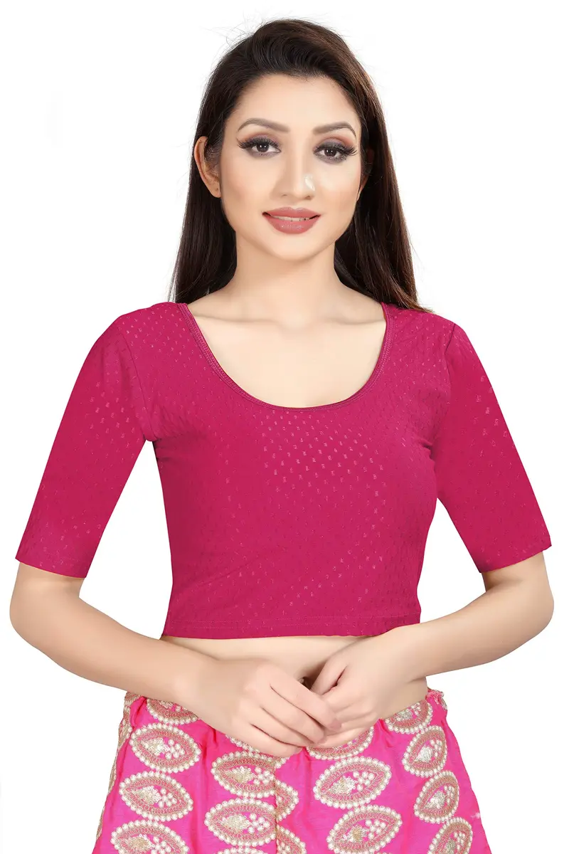 Fressia Fabrics Round Neck Pure Dobby Cotton Stretchable Elbow Sleeve Readymade Saree Blouse for Women Stylish (Ranipink, 38 inches) - main product image