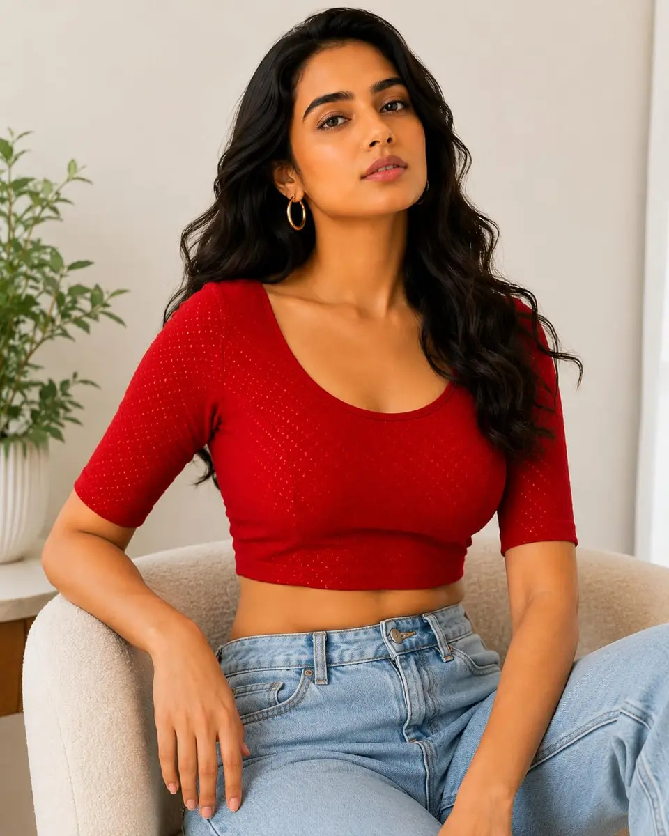 Fressia Fabrics Red Dobby Cotton Stretchable Round Neck Elbow Sleeve Saree Blouse | 38 inches (96.5 cm) - view 6