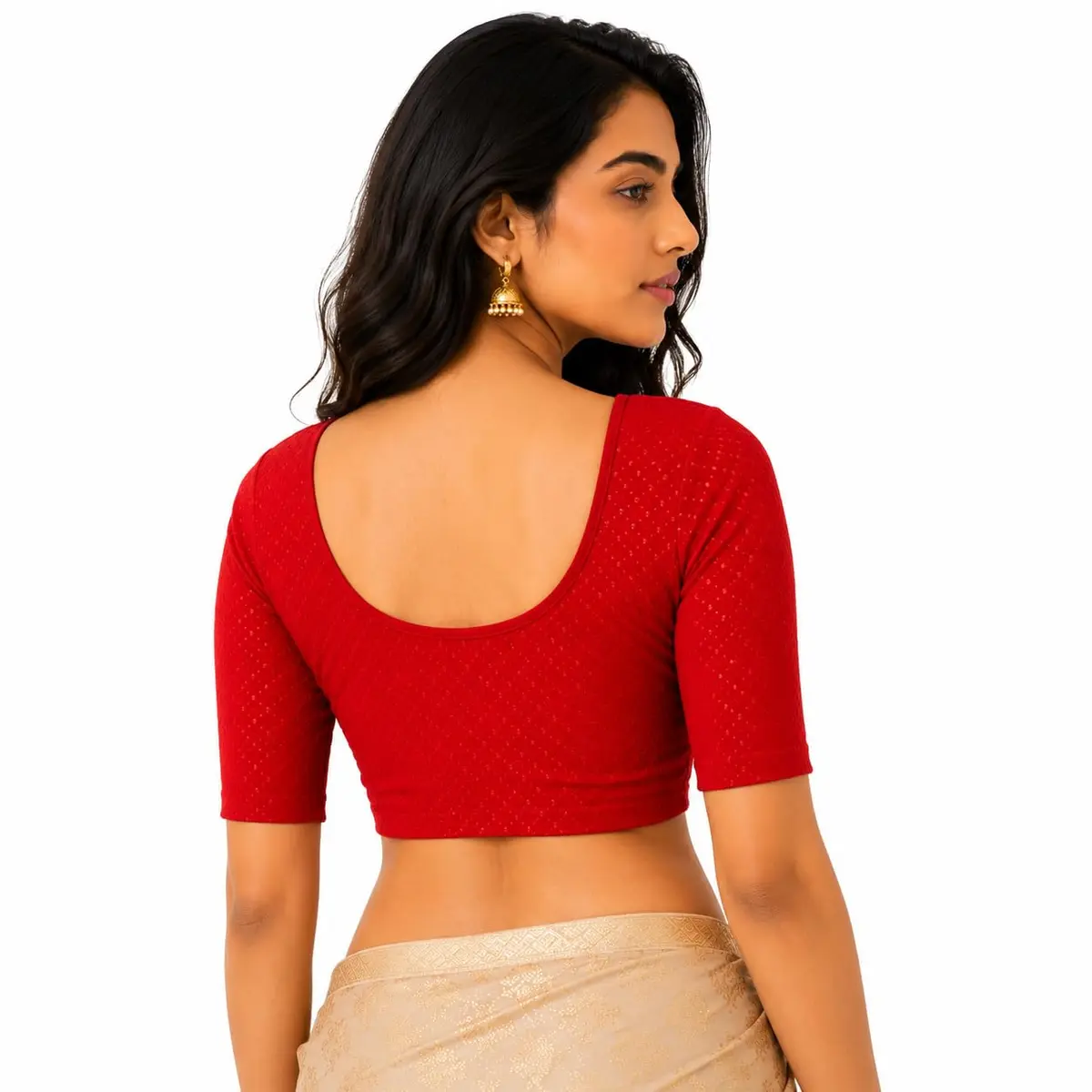 Fressia Fabrics Red Dobby Cotton Stretchable Round Neck Elbow Sleeve Saree Blouse | 38 inches (96.5 cm) - view 4