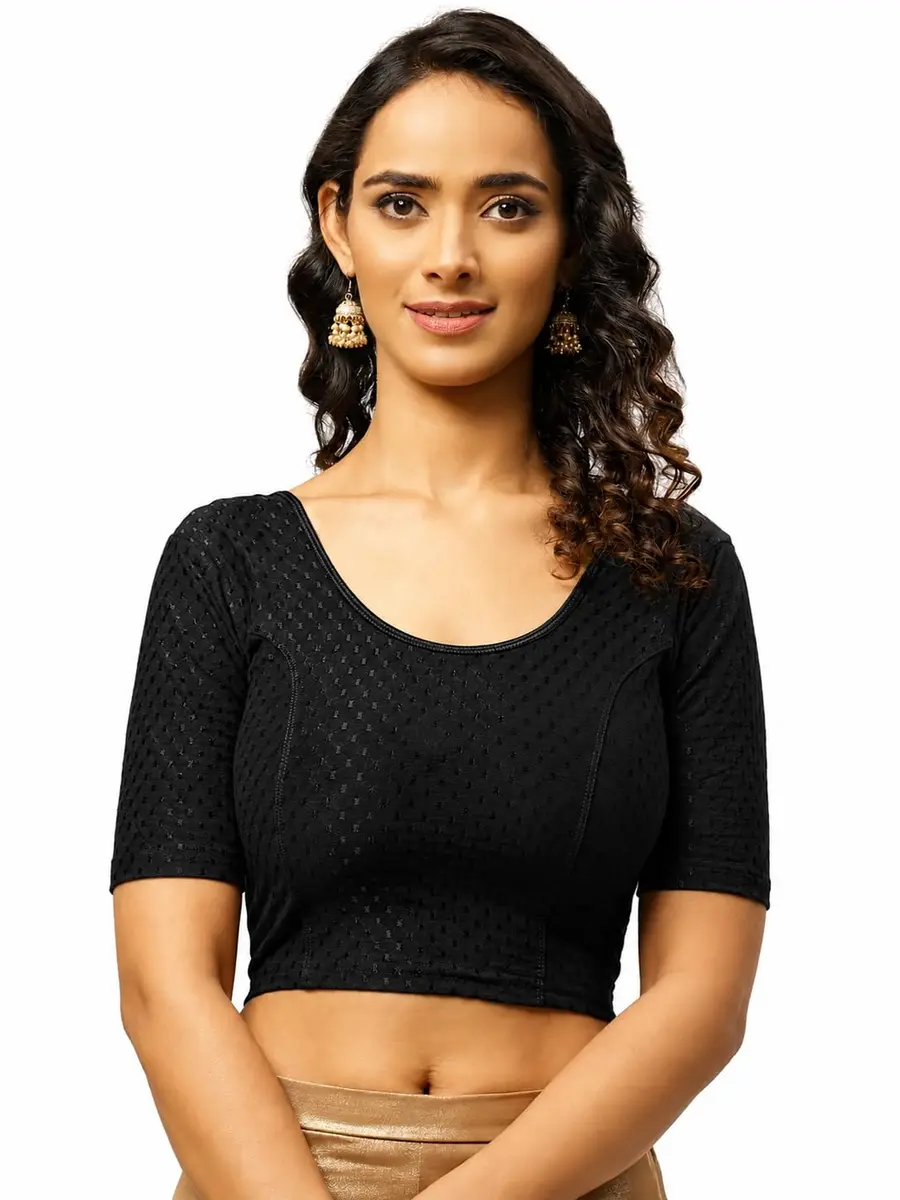 Fressia Fabrics Round Neck Pure Dobby Cotton Stretchable Elbow Sleeve Saree Blouse | Black - main product image