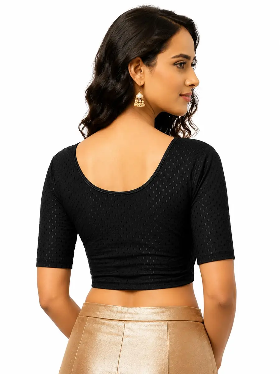 Fressia Fabrics Round Neck Pure Dobby Cotton Stretchable Elbow Sleeve Saree Blouse | Black - view 2