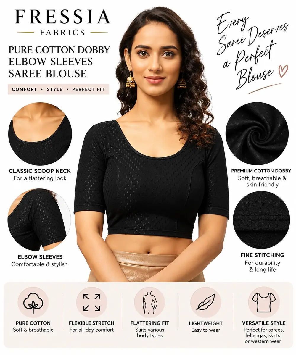 Fressia Fabrics Round Neck Pure Dobby Cotton Stretchable Elbow Sleeve Saree Blouse | Black - view 3
