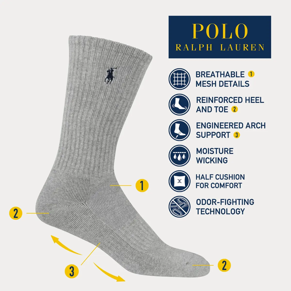 POLO RALPH LAUREN Men's Athletic Performance Cotton Crew Socks, 6 Pairs | Moisture-Wicking & Cushioned Fit - view 3