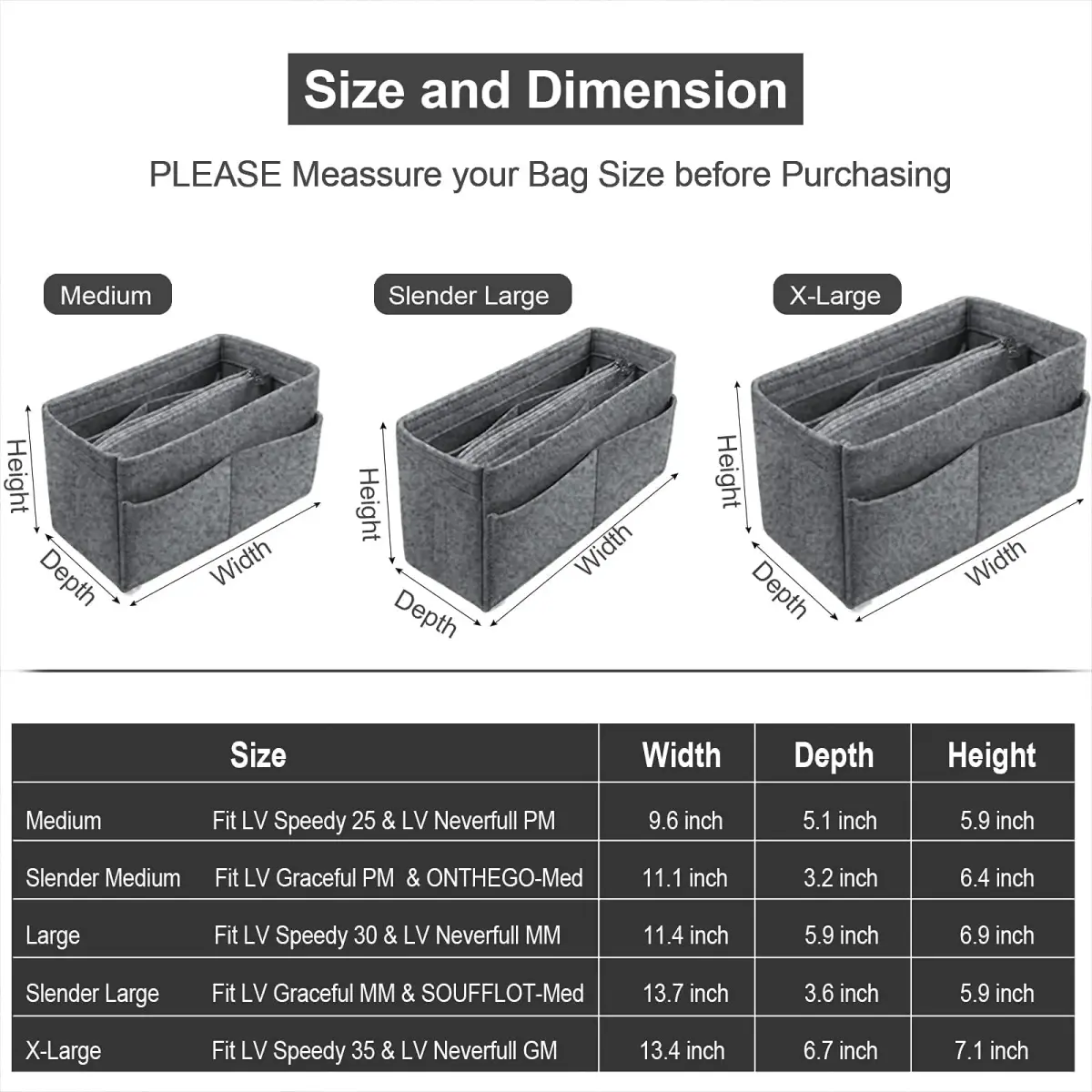 OMYSTYLE Grey Felt Tote Bag Organizer Insert for Slender Large Bags | 13 Pockets - view 2