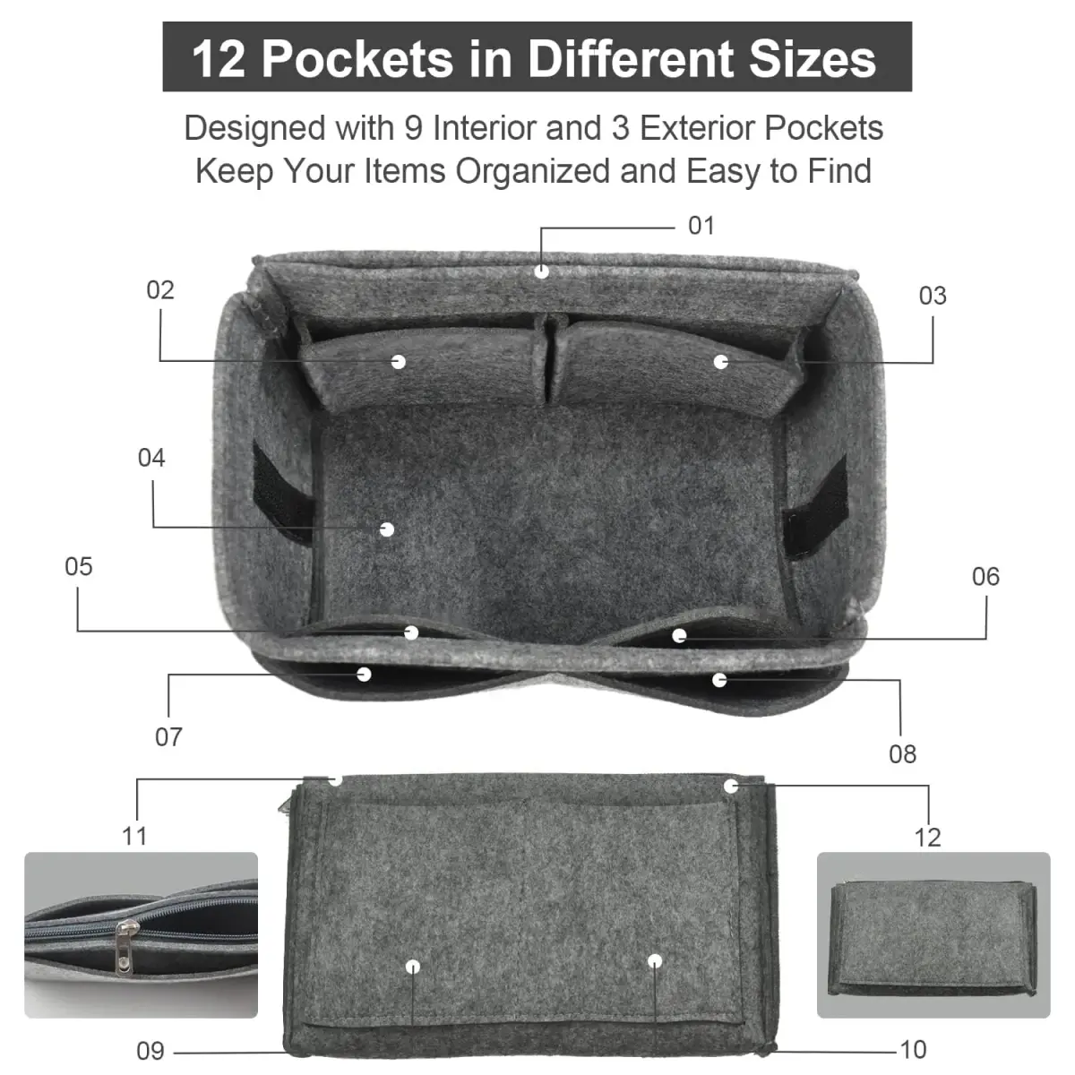 OMYSTYLE Grey Felt Tote Bag Organizer Insert for Slender Large Bags | 13 Pockets - view 3