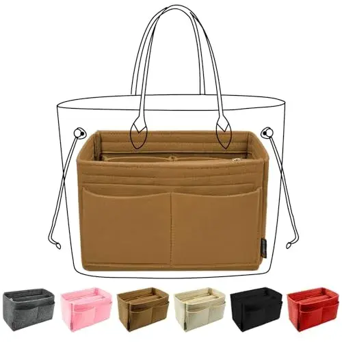 OMYSTYLE Brown Slender Medium Felt Tote Bag Organizer Insert with 13 Pockets - main product image