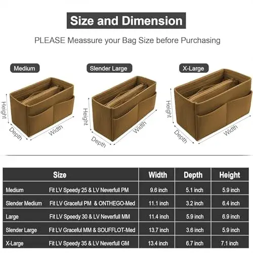 OMYSTYLE Brown Slender Medium Felt Tote Bag Organizer Insert with 13 Pockets - view 2
