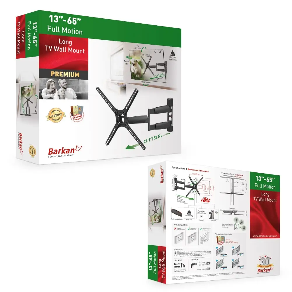 Barkan 21'' Long TV Wall Mount, 13-65 inch Full Motion Articulating - Holds up to 80lbs, Extremely Extendable - view 8