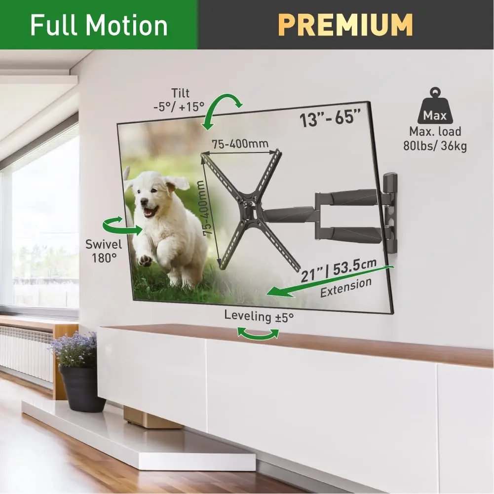Barkan 21'' Long TV Wall Mount, 13-65 inch Full Motion Articulating - Holds up to 80lbs, Extremely Extendable - view 2