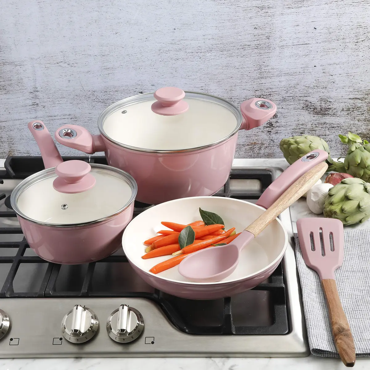 Gibson Home Plaza Café Forged Aluminum Ceramic Cookware Set with Glass Lids, 7-Piece Set, Lavender Rose | Induction Compatible - view 6