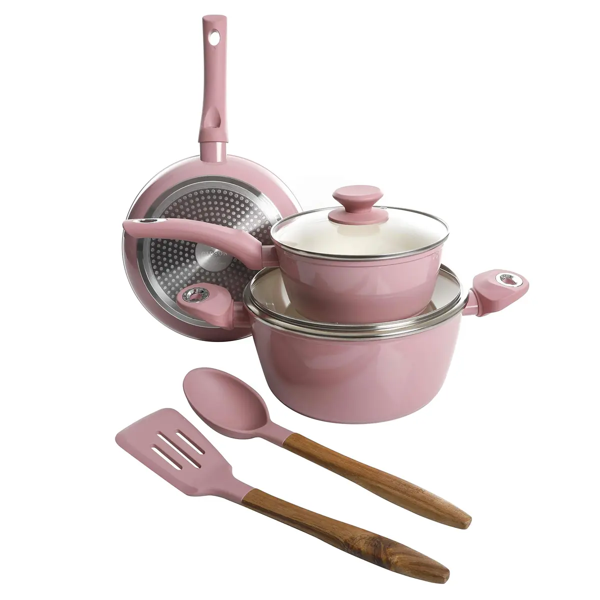 Gibson Home Plaza Café Forged Aluminum Ceramic Cookware Set with Glass Lids, 7-Piece Set, Lavender Rose | Induction Compatible - view 2