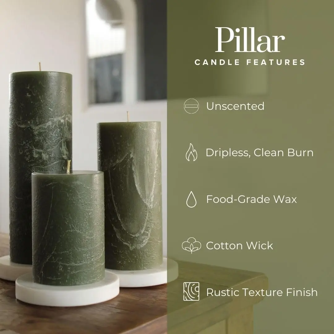 Simply Soson Dark Moss Green Pillar Candles 3x3 | Unscented, No Drip, Elegant Decor - view 3