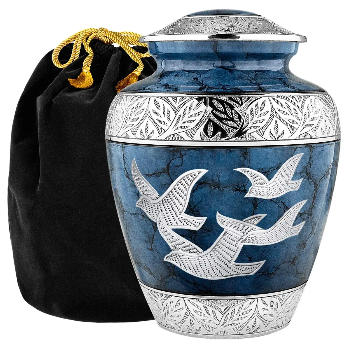 Trupoint Memorials Cremation Urns for Human Ashes | Blue Birds, Adult (200LB) | Elegant Brass Design - main product image