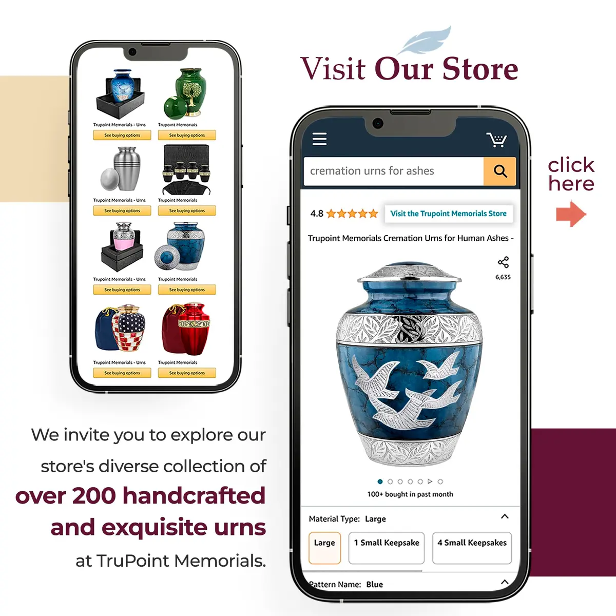 Trupoint Memorials Cremation Urns for Human Ashes | Blue Birds, Adult (200LB) | Elegant Brass Design - view 6