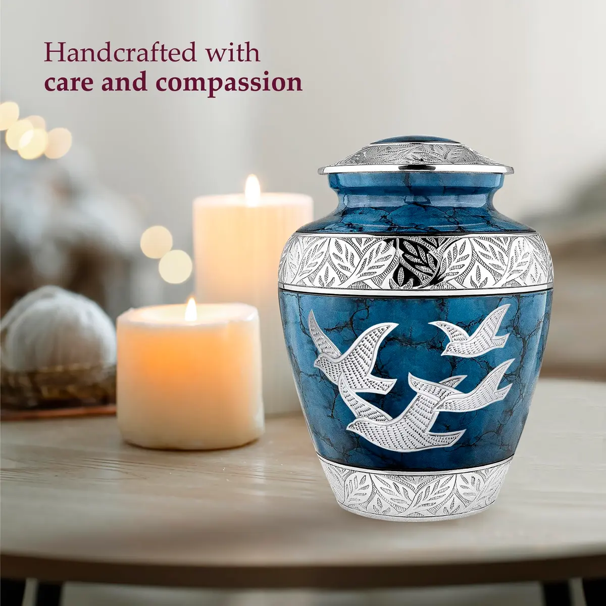 Trupoint Memorials Cremation Urns for Human Ashes | Blue Birds, Adult (200LB) | Elegant Brass Design - view 3