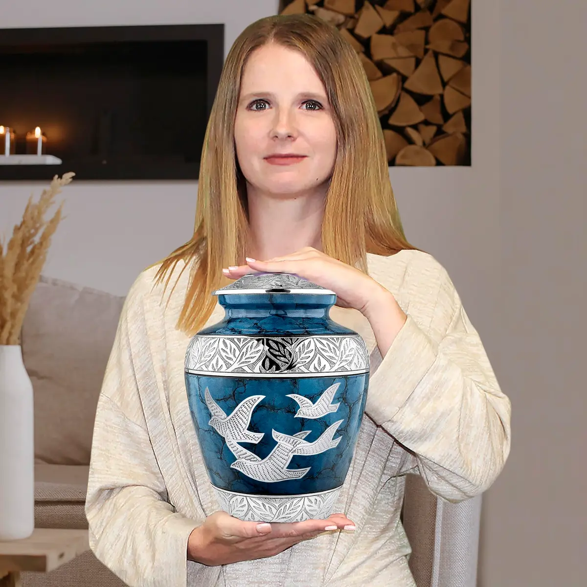Trupoint Memorials Cremation Urns for Human Ashes | Blue Birds, Adult (200LB) | Elegant Brass Design - view 4