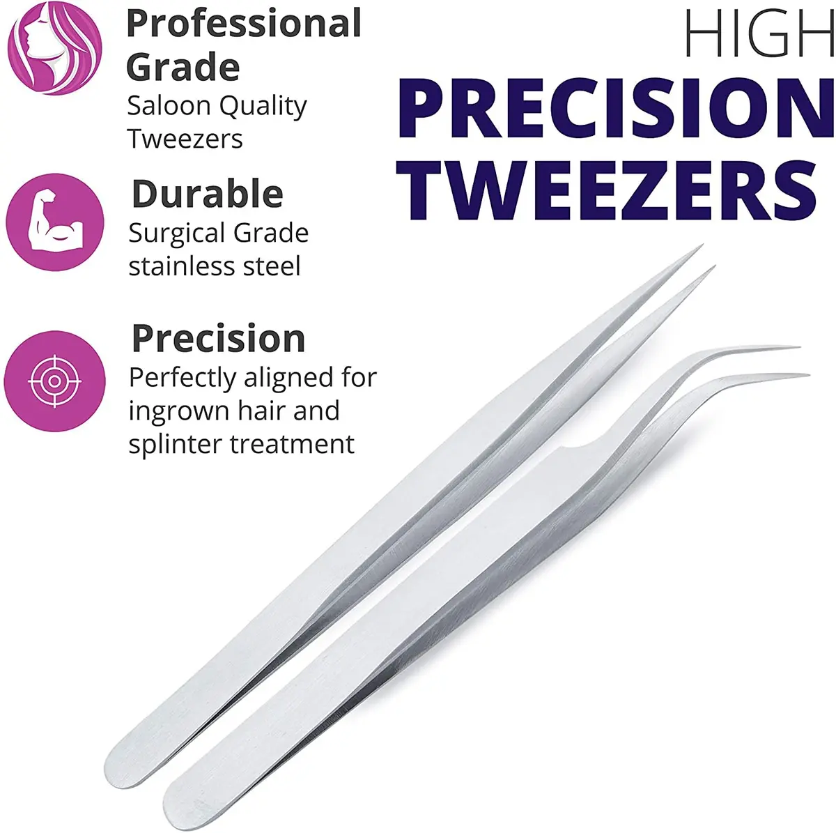 SIVOTE Eyelash Tweezers 2-Pack Stainless Steel, Silver | Hand Calibrated for Precision & Comfort - view 2