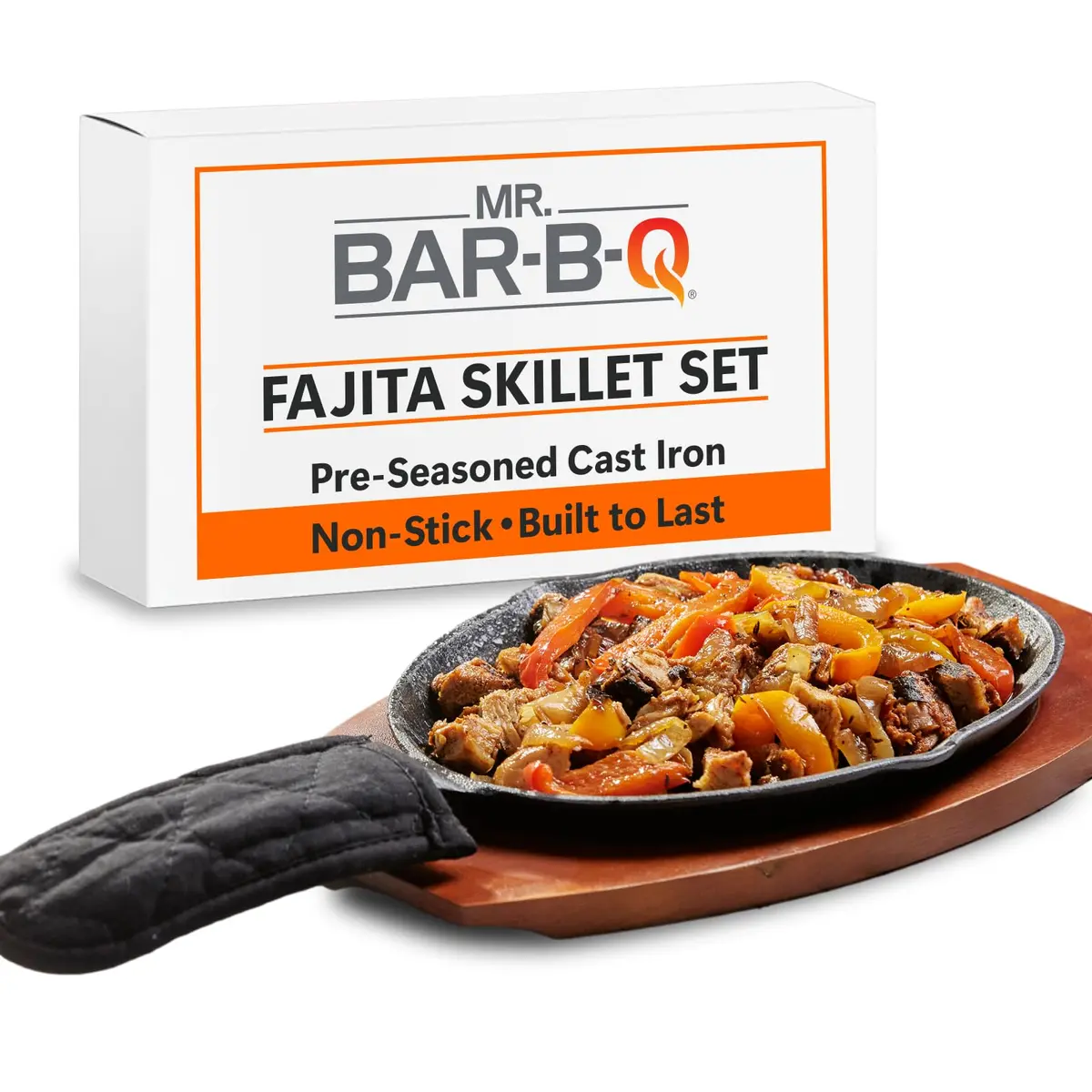 Mr. Bar-B-Q Cast Iron Fajita Sizzling Plate with Wooden Base and Cloth Handle, 25 cm (10 inch) | Authentic Sizzling Fajitas & Steaks - main product image