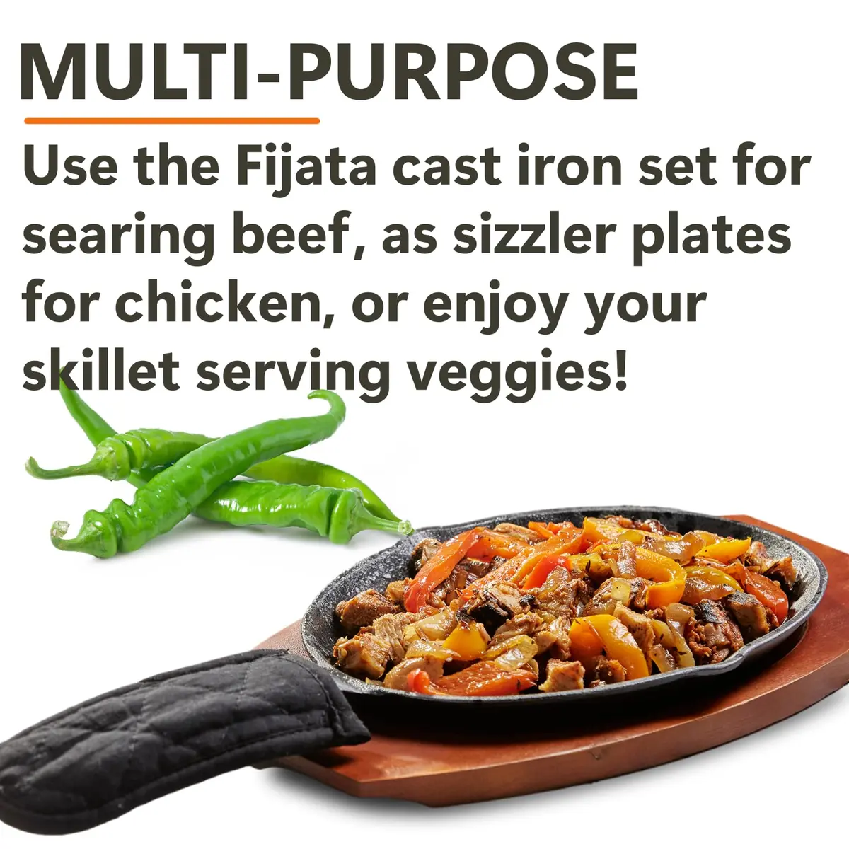 Mr. Bar-B-Q Cast Iron Fajita Sizzling Plate with Wooden Base and Cloth Handle, 25 cm (10 inch) | Authentic Sizzling Fajitas & Steaks - view 5