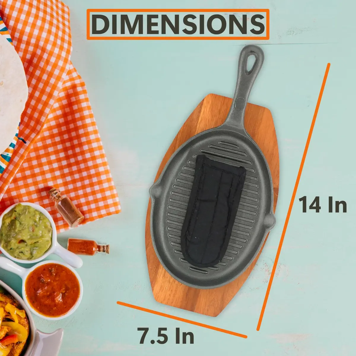 Mr. Bar-B-Q Cast Iron Fajita Sizzling Plate with Wooden Base and Cloth Handle, 25 cm (10 inch) | Authentic Sizzling Fajitas & Steaks - view 2