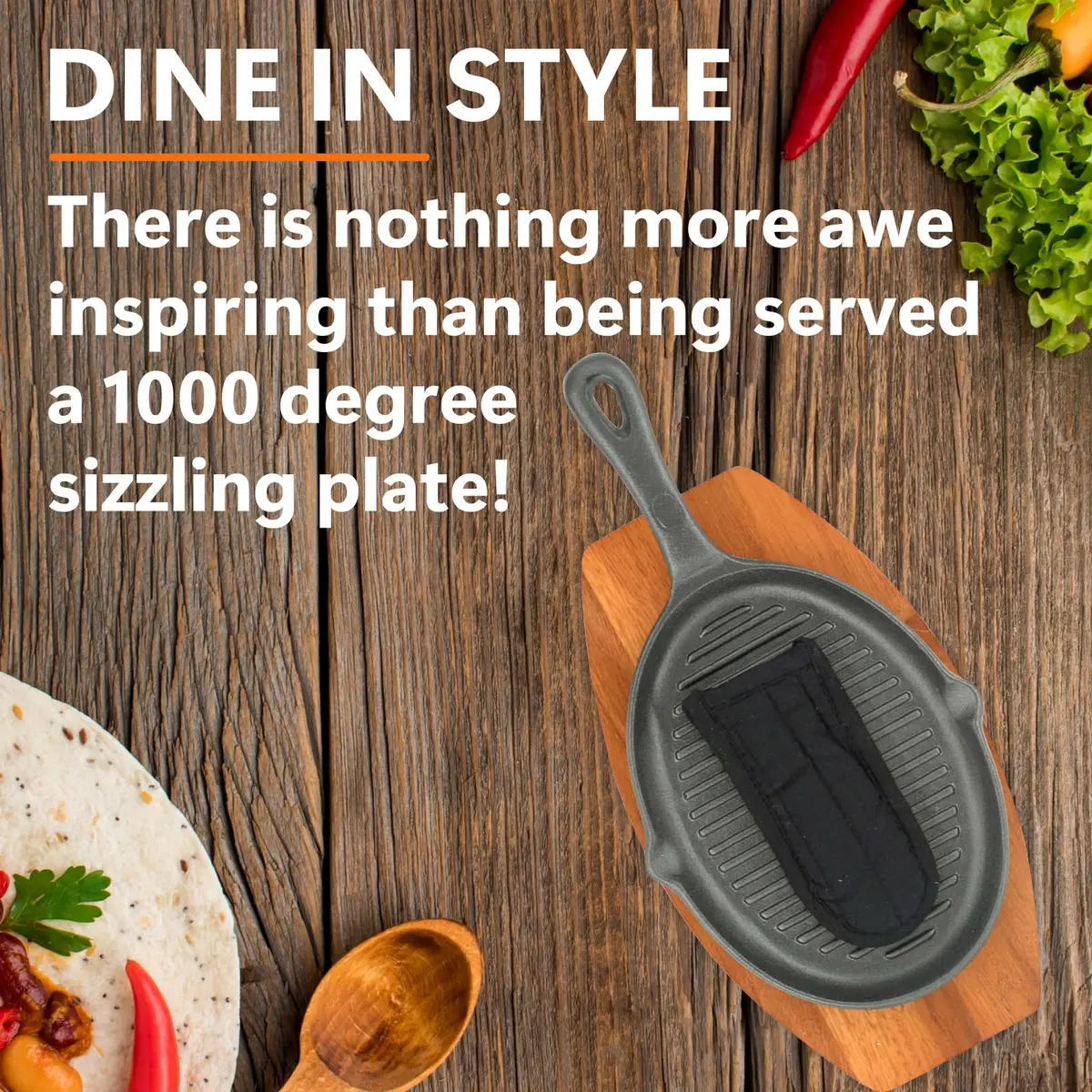 Mr. Bar-B-Q Cast Iron Fajita Sizzling Plate with Wooden Base and Cloth Handle, 25 cm (10 inch) | Authentic Sizzling Fajitas & Steaks - view 4