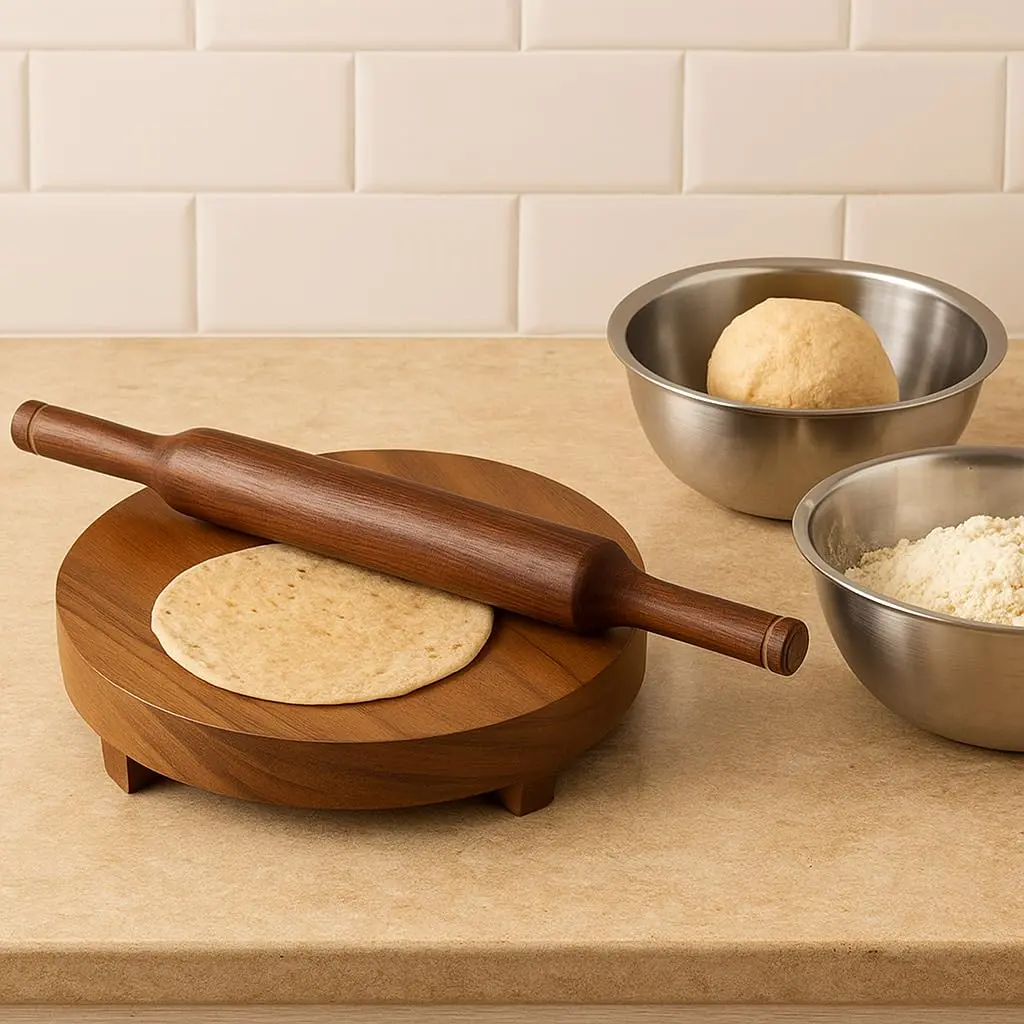DBY Wooden Chakla Belan Set for Kitchen – Natural Wood Rolling Board & Pin for Chapati, Roti, Puri, Dough, Non-Slip Base, Handmade, Indian Traditional Cookware - view 3