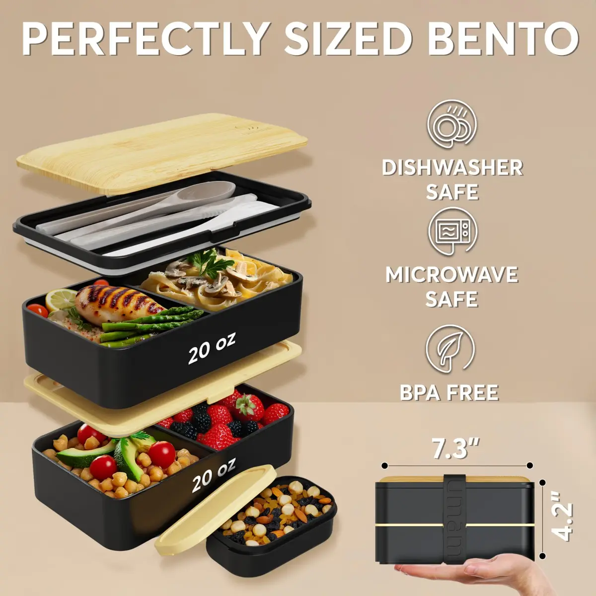 Umami Bento Box Adult, Stackable Lunch Box 1.2L (40 oz) | Leakproof, Microwavable, Dishwasher Safe - view 5