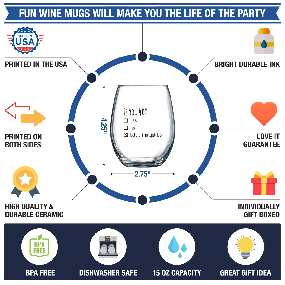 Gelid 40th Birthday Wine Glass | Funny Is You 40 Gift for Mom Dad Husband Wife - view 9