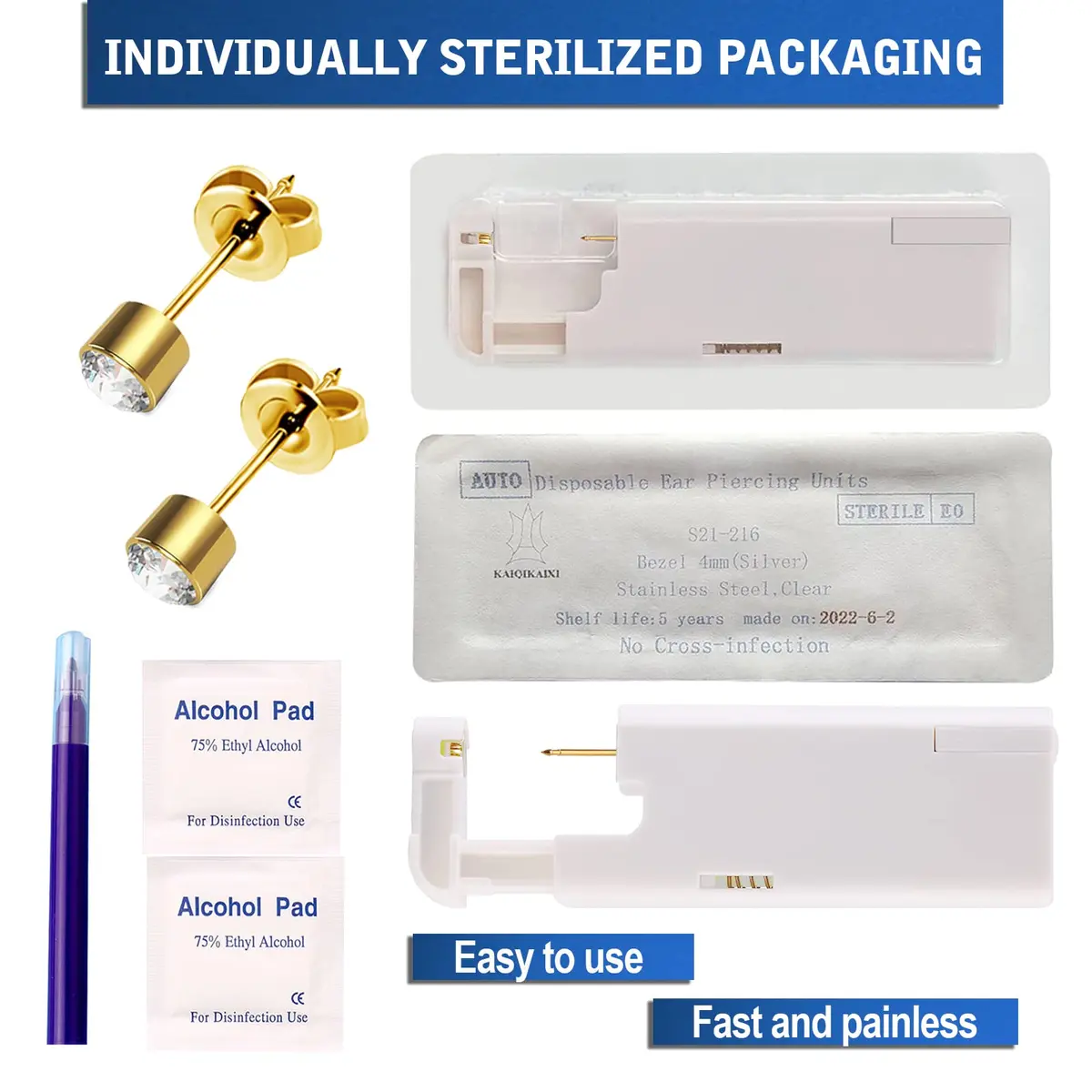 KAIQIKAIXI 2Pcs Ear Piercing Kit with 4mm Golden Studs & Cleaning Pads | Automatic & Painless Household Piercing Tools - view 6