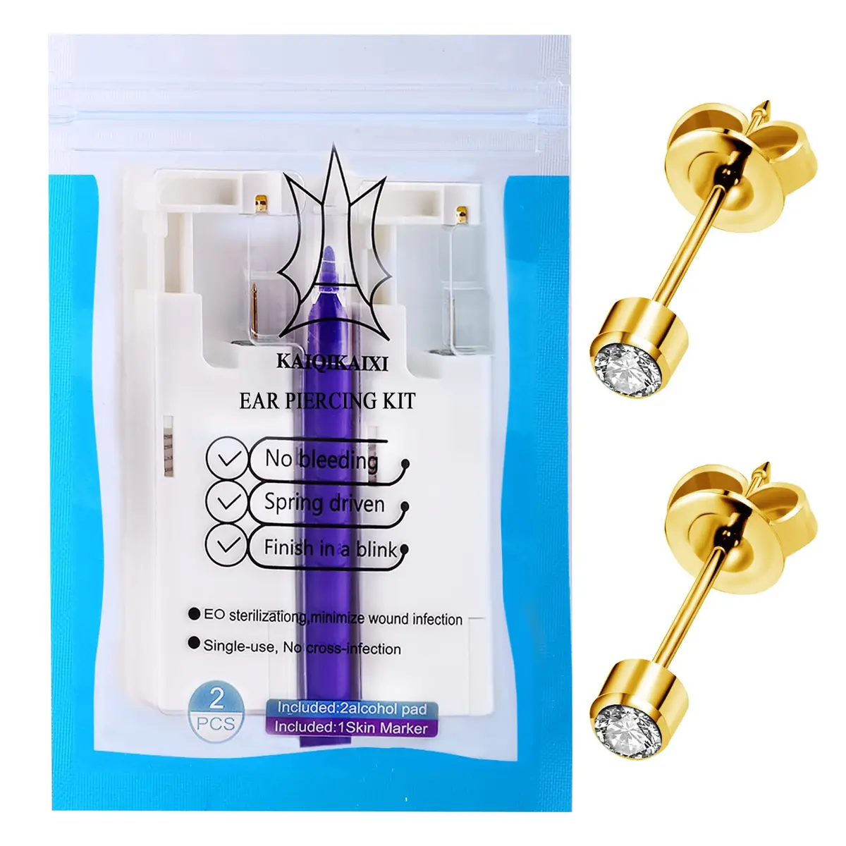 KAIQIKAIXI 2Pcs Ear Piercing Kit with 4mm Golden Studs & Cleaning Pads | Automatic & Painless Household Piercing Tools - view 7
