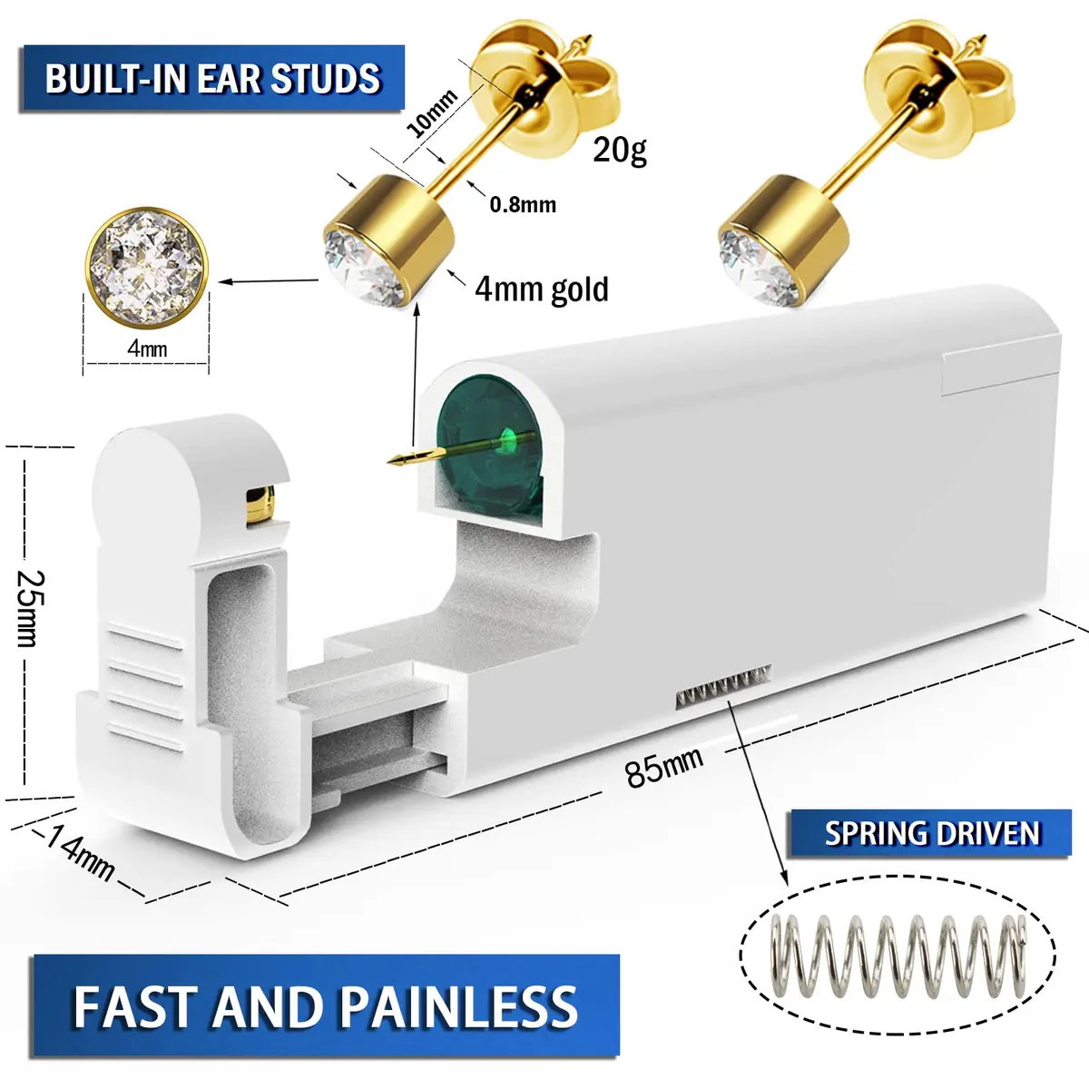 KAIQIKAIXI 2Pcs Ear Piercing Kit with 4mm Golden Studs & Cleaning Pads | Automatic & Painless Household Piercing Tools - view 3