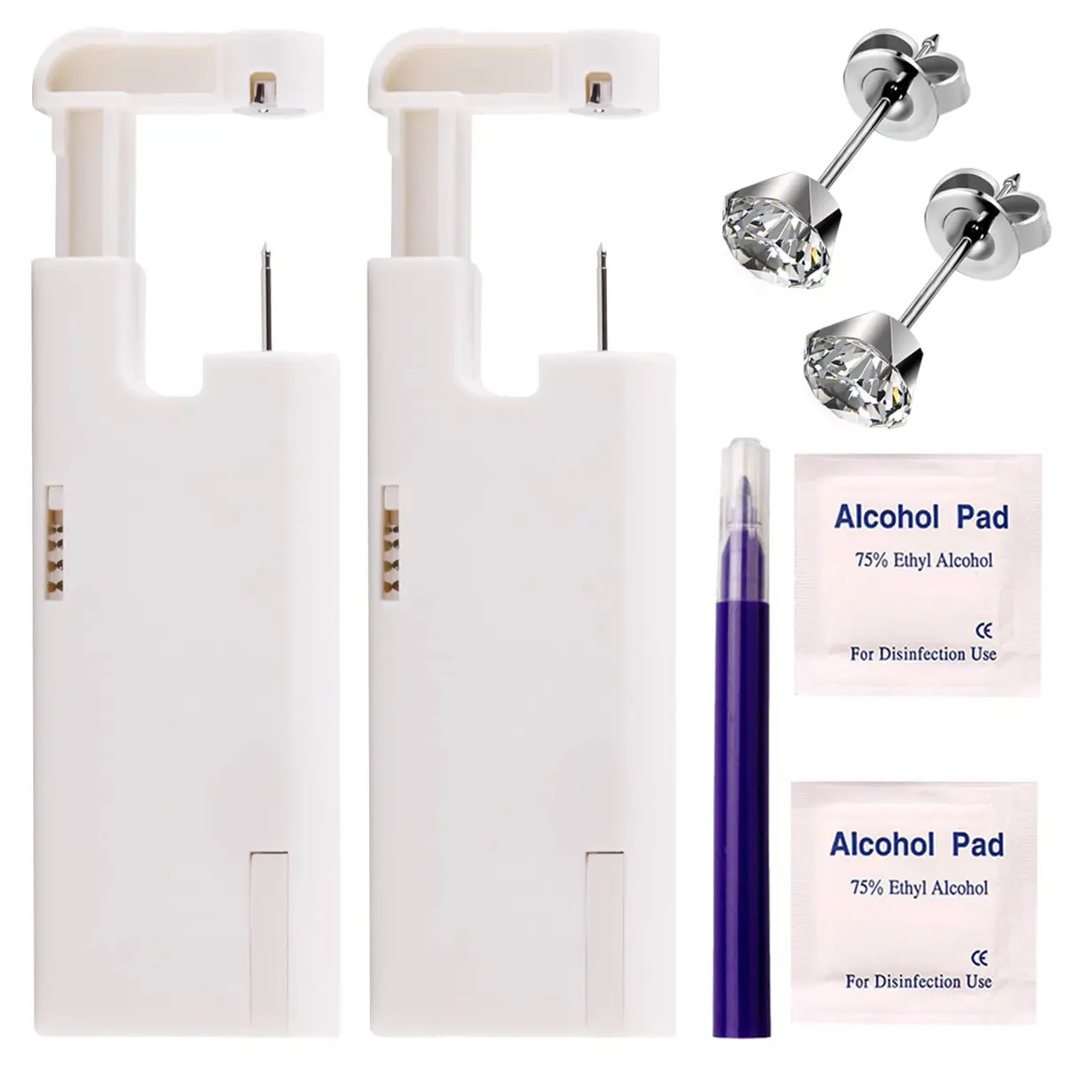 KAIQIKAIXI 2Pcs Ear Piercing Kit with 5mm Silver Stainless Steel Studs & Cleaning Pads | Automatic & Painless Household Piercing Tools - main product image