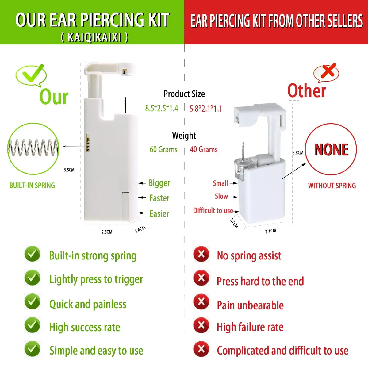 KAIQIKAIXI 2Pcs Ear Piercing Kit with 5mm Silver Stainless Steel Studs & Cleaning Pads | Automatic & Painless Household Piercing Tools - view 6