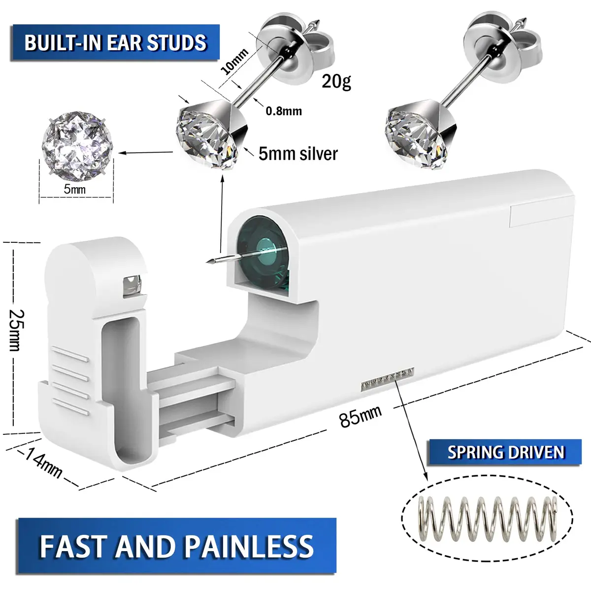 KAIQIKAIXI 2Pcs Ear Piercing Kit with 5mm Silver Stainless Steel Studs & Cleaning Pads | Automatic & Painless Household Piercing Tools - view 3