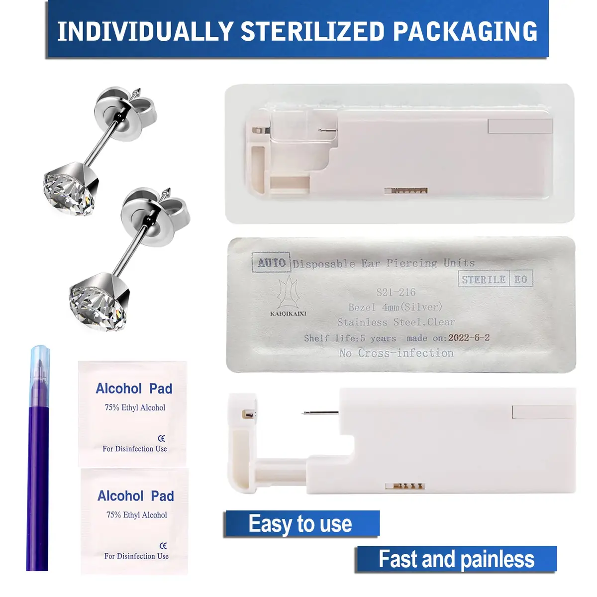 KAIQIKAIXI 2Pcs Ear Piercing Kit with 5mm Silver Stainless Steel Studs & Cleaning Pads | Automatic & Painless Household Piercing Tools - view 4