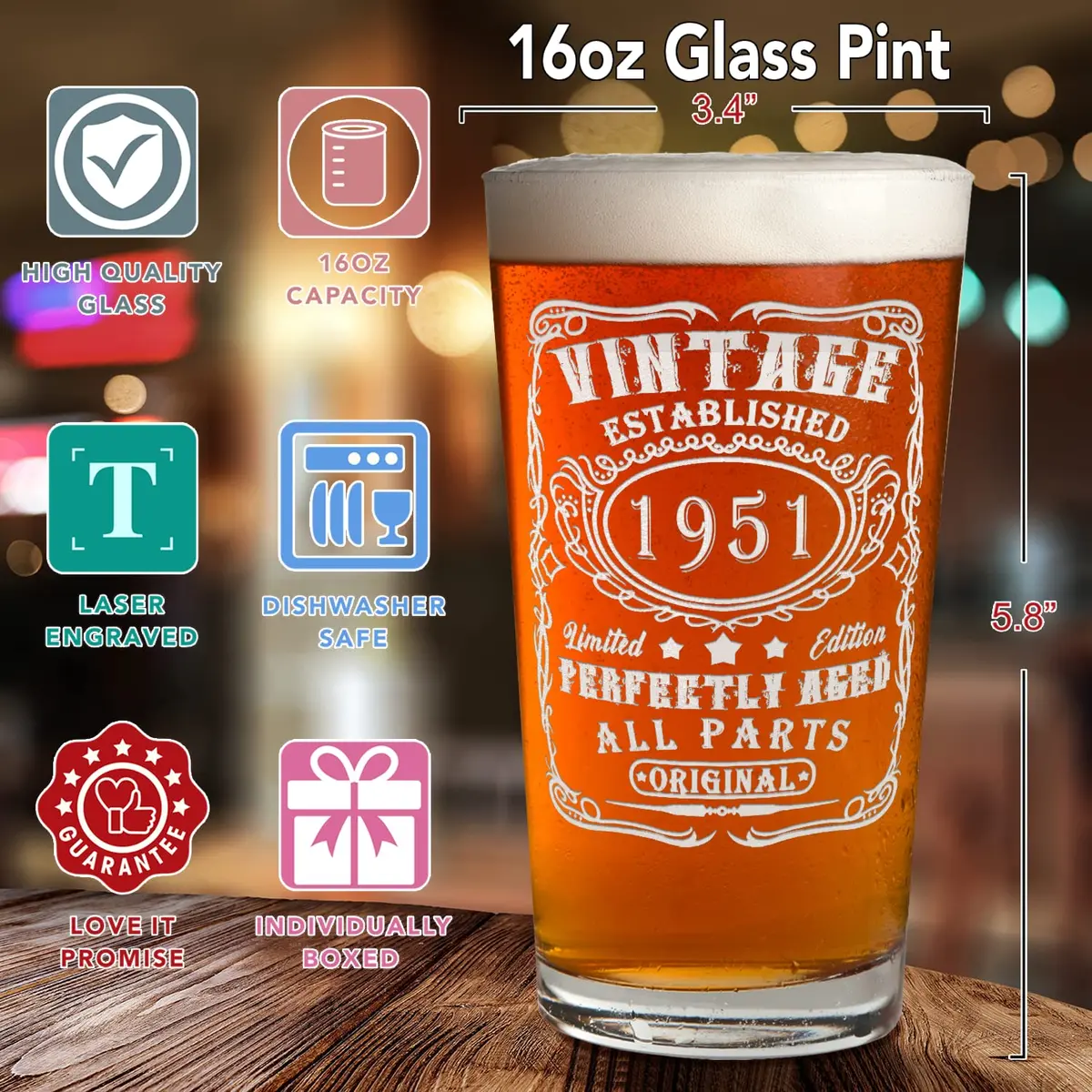 Cuptify Personalized 74th Birthday Beer Glass 16 oz | Custom Vintage Etched Mug for Men - view 2
