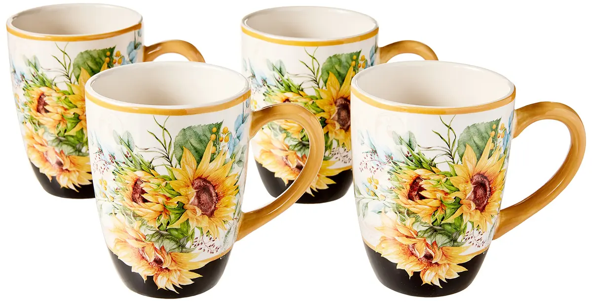 Certified International Sunflower Fields Ceramic Mug Set (4) | 18 oz Floral Coffee & Tea Cups with Golden Handles - main product image
