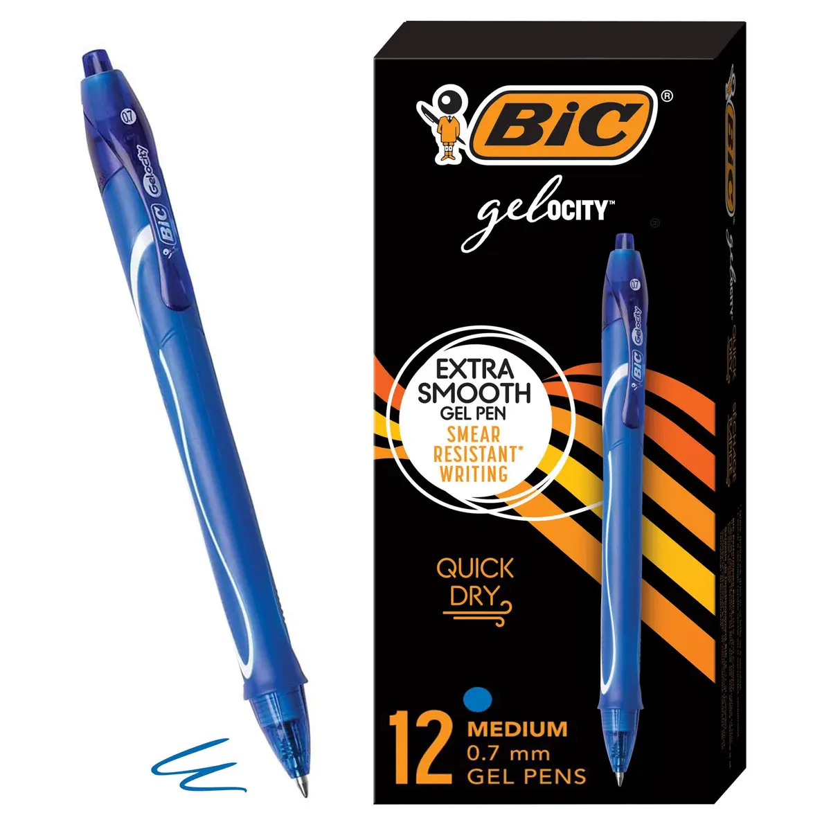 BIC Gelocity Quick Dry Blue Gel Pens, Medium Point (0.7mm), 12-Count Pack | Smooth Ink Flow - main product image