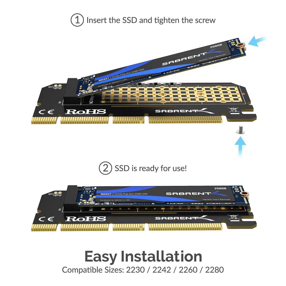 Sabrent M.2 NVMe SSD to PCIe Adapter Card with Heatsink | Supports PCIe x16/x8/x4 Slots, NVMe SSDs 2230-2280 - view 2
