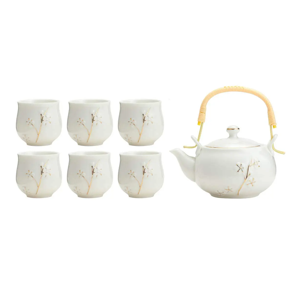 TJ Global White Porcelain Tea Set with Gold Accents | 170ml (6 Fl Oz) Teapot & 6x 177ml (6 Fl Oz) Cups - main product image
