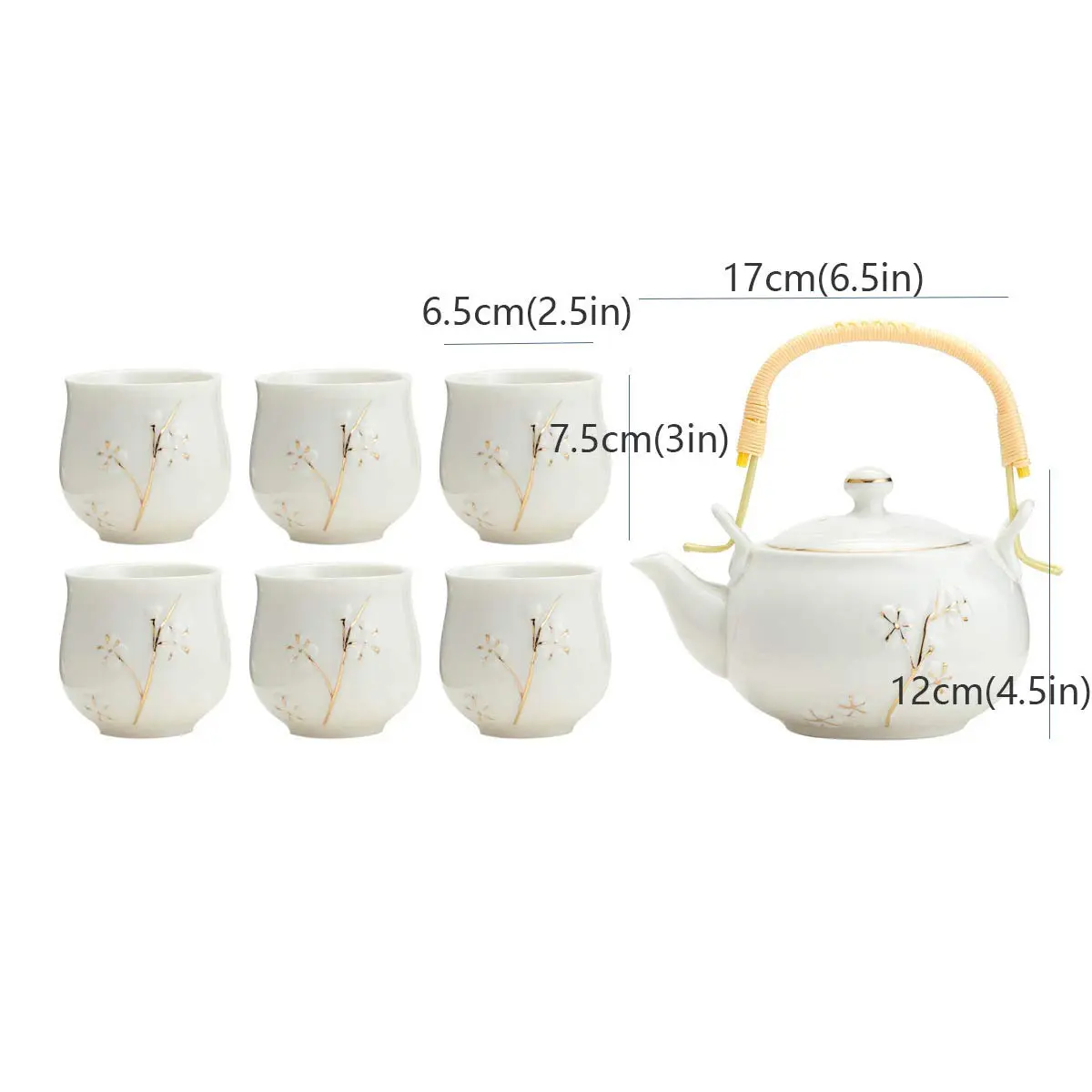 TJ Global White Porcelain Tea Set with Gold Accents | 170ml (6 Fl Oz) Teapot & 6x 177ml (6 Fl Oz) Cups - view 4