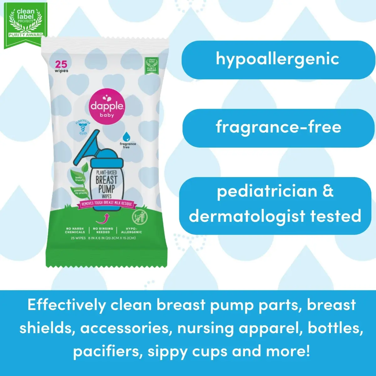 Dapple Baby Breast Pump Wipes, Fragrance-Free & Plant-Based, 25 Count (709ml / 25 Wipes) | Hypoallergenic for Sensitive Skin - view 5