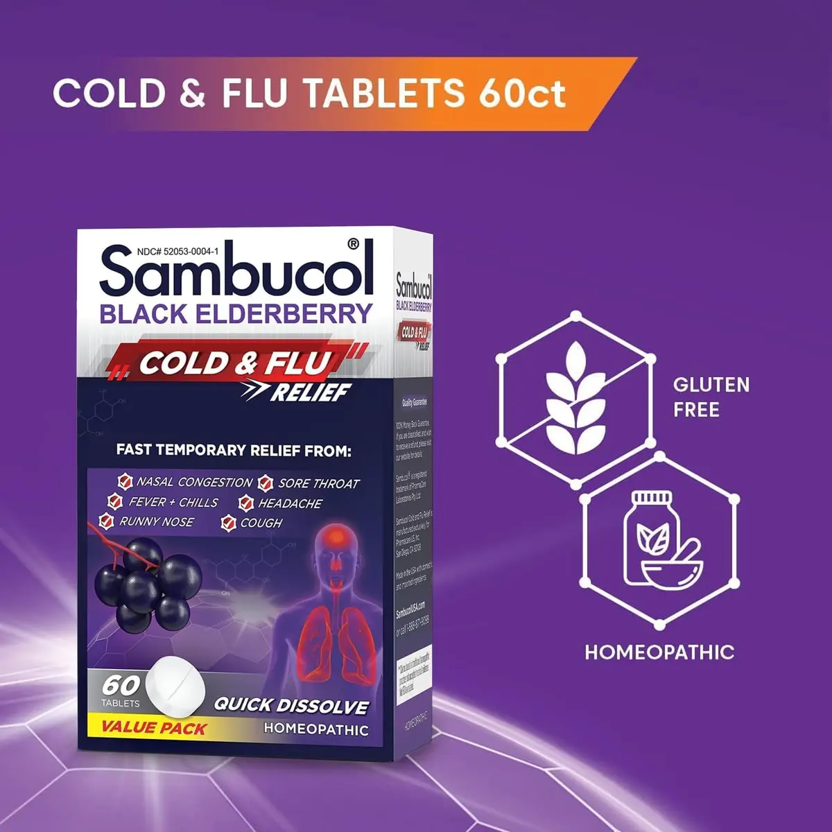 Sambucol Cold and Flu Relief Tablets - 60 Count | Quick-Dissolving Elderberry Medicine for Adults & Kids - view 4