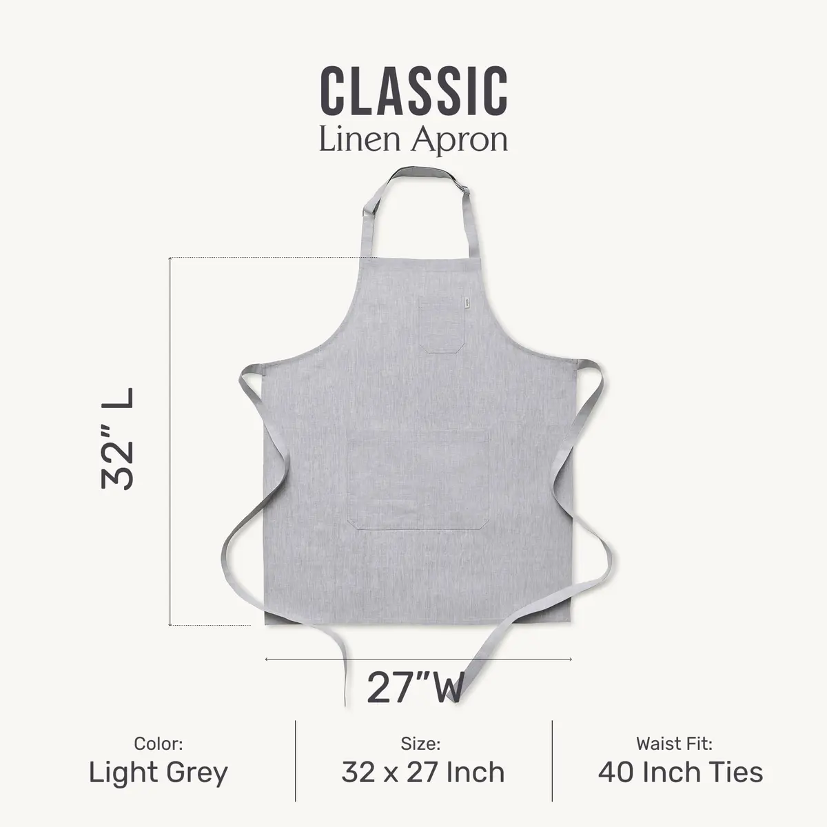 Solino Home 100% Linen Apron Light Grey | Classic Kitchen Apron 32 x 27 in - view 3
