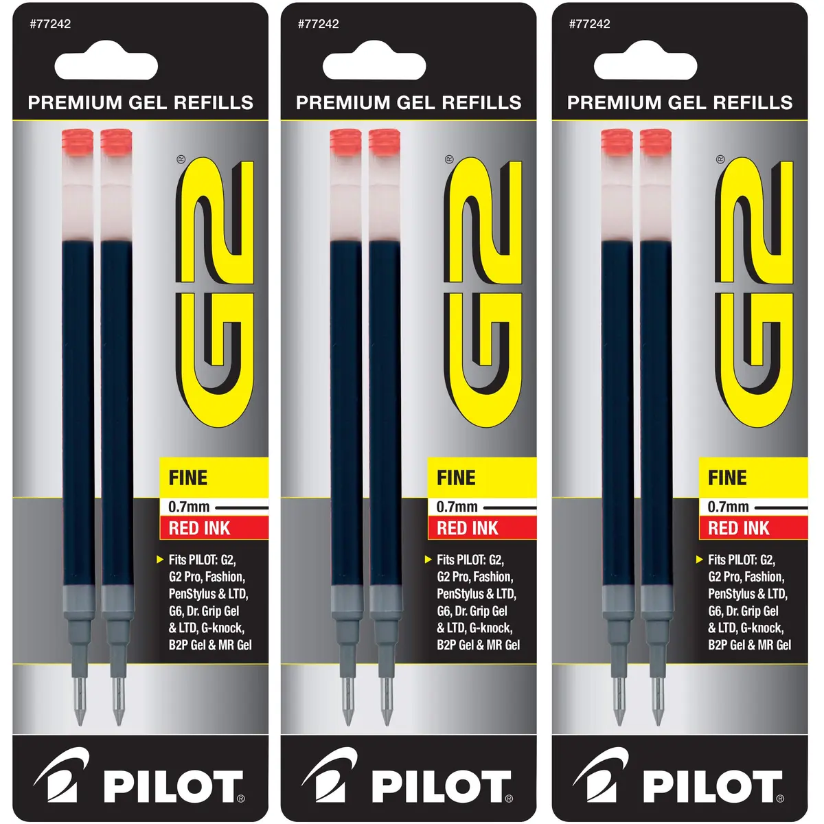 PILOT G2 Gel Ink Refills Fine Point 0.7 mm Red Pack of 6 | Longest-Lasting Gel Ink - main product image